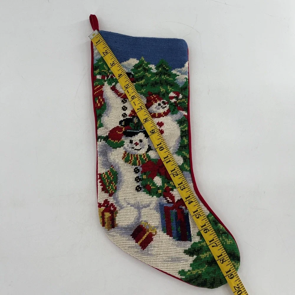 Needlepoint Christmas Stocking Completed Snowman Family Gifts Wreath Velvet, 20
